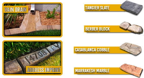 Mountaineer Curb Appeal - Moroccan Natural Stone Curb Samples - Rain Drain - Address Imprint